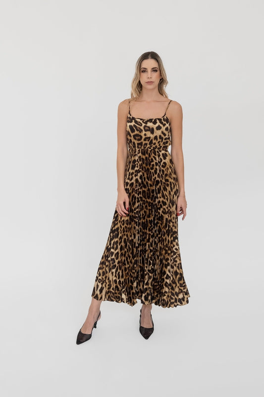 Vestido midi plisado satín leopardo