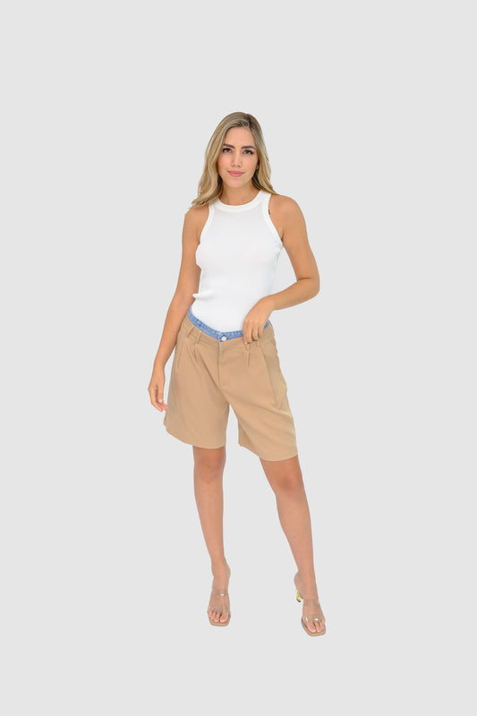 Bermuda khaki con pretina denim