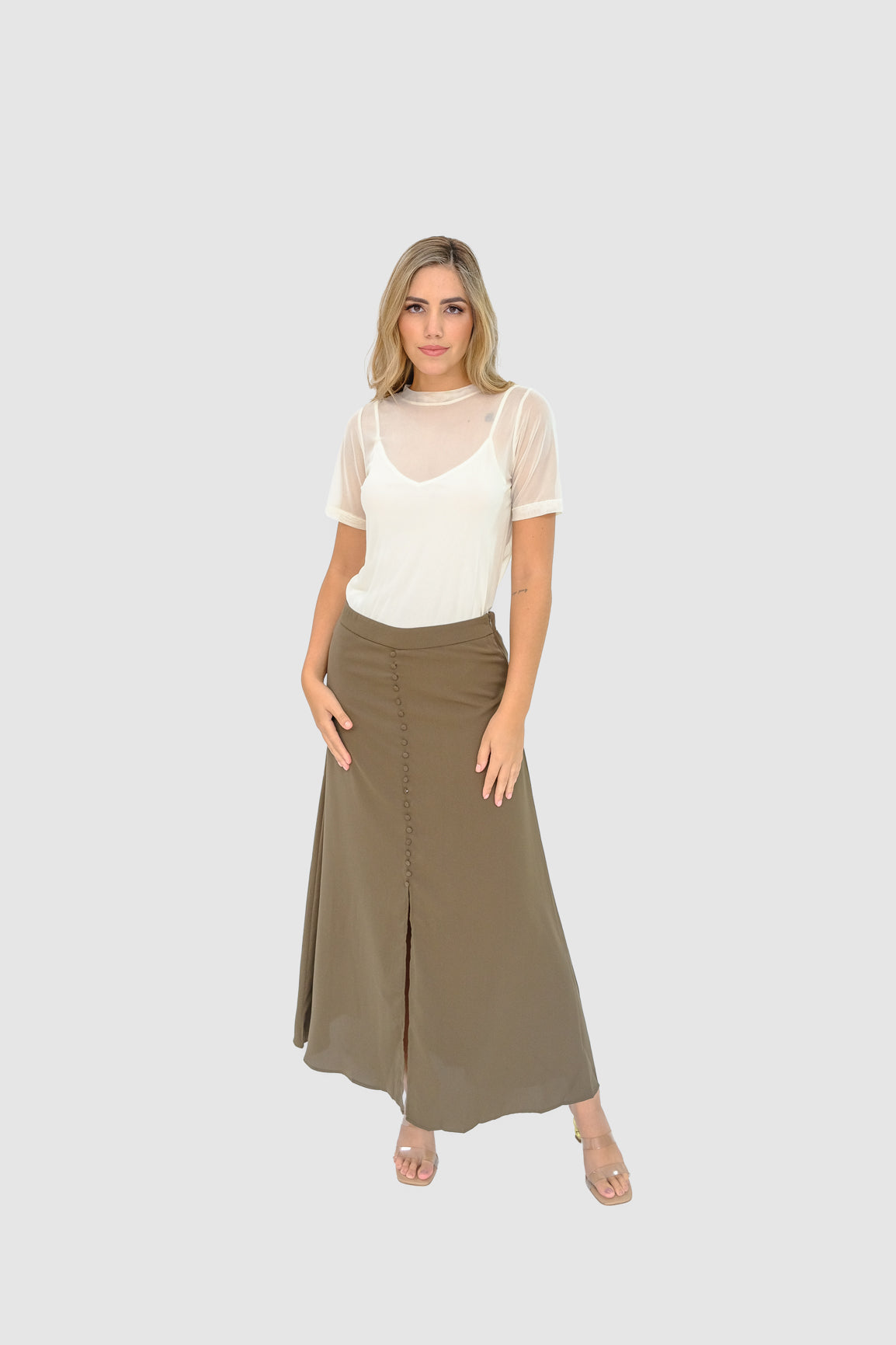 Falda maxi botones olivo