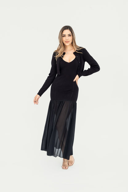 Vestido maxi tejido con cárdigan negro