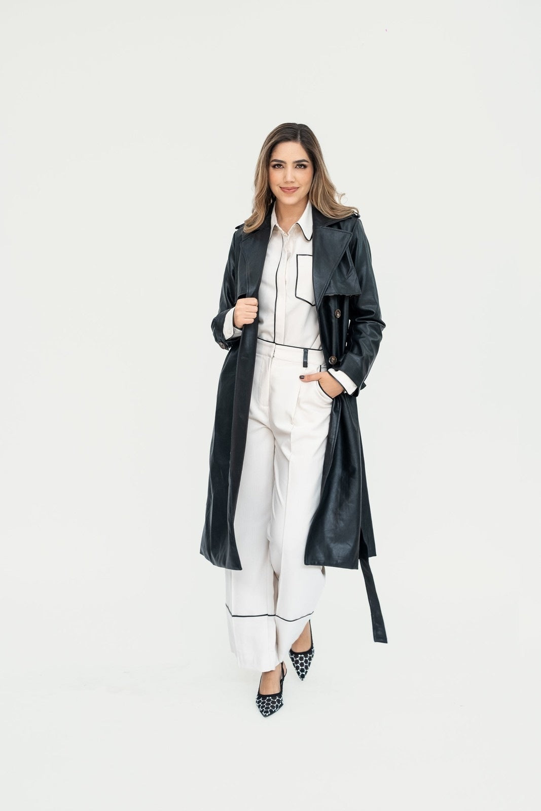 Trench coat faux leather negro