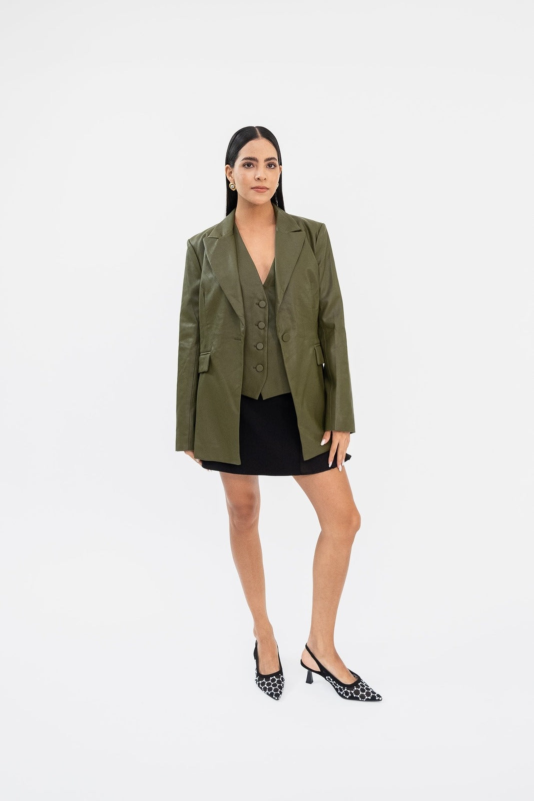 Set blazer y chaleco tipo piel verde