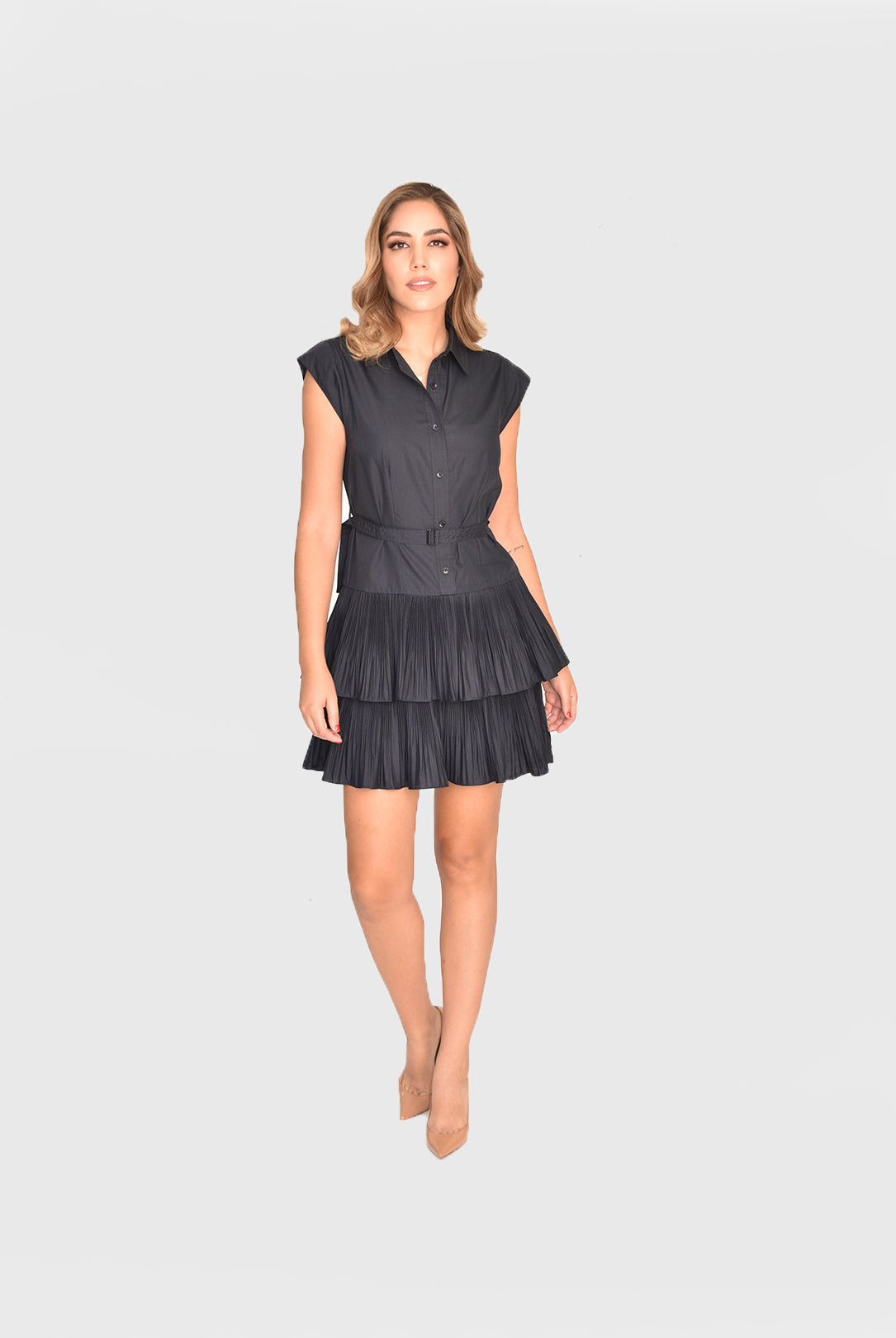 Vestido corto falda plisada navy