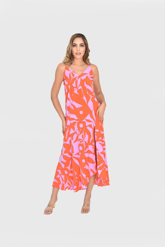 Vestido maxi tirantes print naranja y rosa
