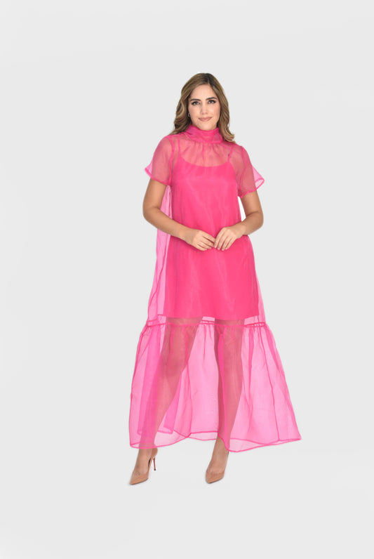 Vestido maxi organza rosa