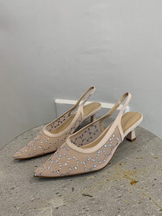 Slingback pump mesh con brillos nude