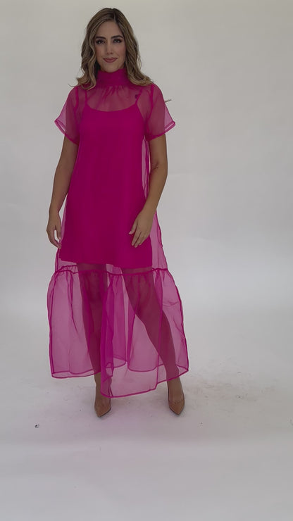 Vestido maxi  organza rosa