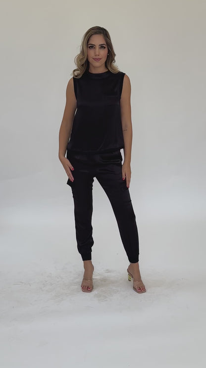 Set blusa y jogger satín negro