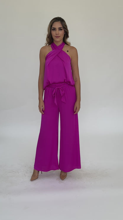 Set blusa halter y pantalón magenta